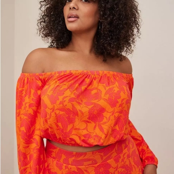 Torrid Women's Floral Print Off The Shoulder Long Sleeve Crop Top Orange Red - Picture 2 of 5
